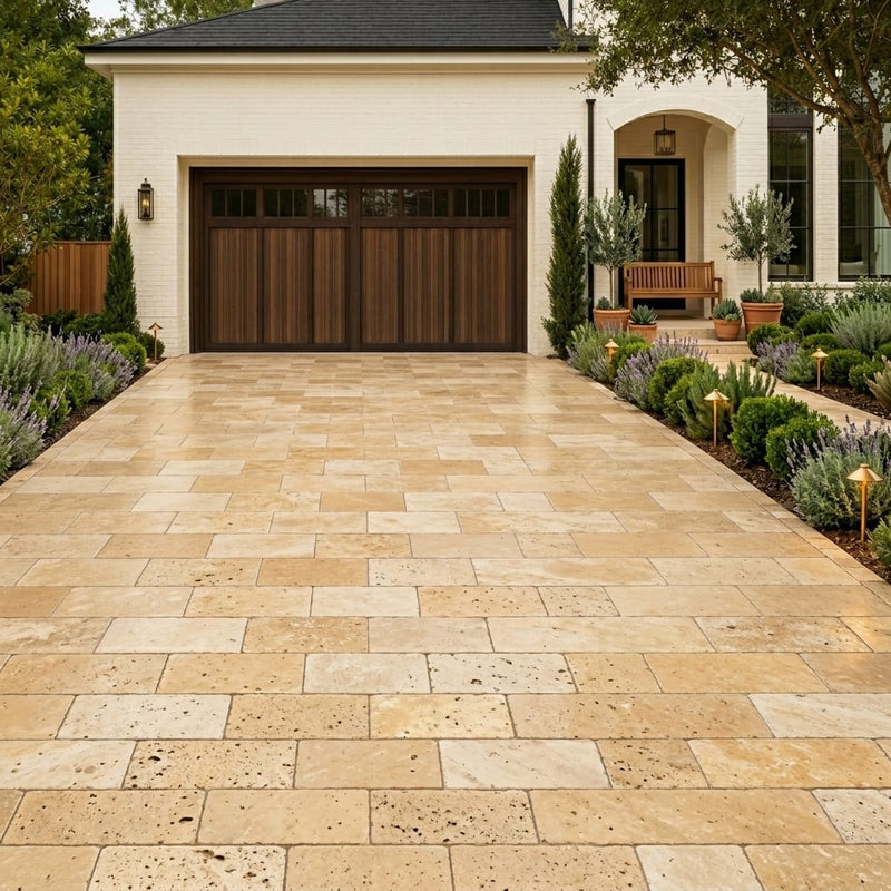 Gold Travertine Paver 6x12 Tumbled 1.25 inch — Front Yard driveway