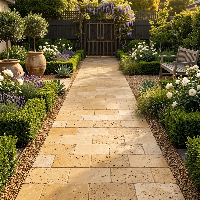 Gold Travertine Paver 6x12 Tumbled 1.25 inch — Garden path