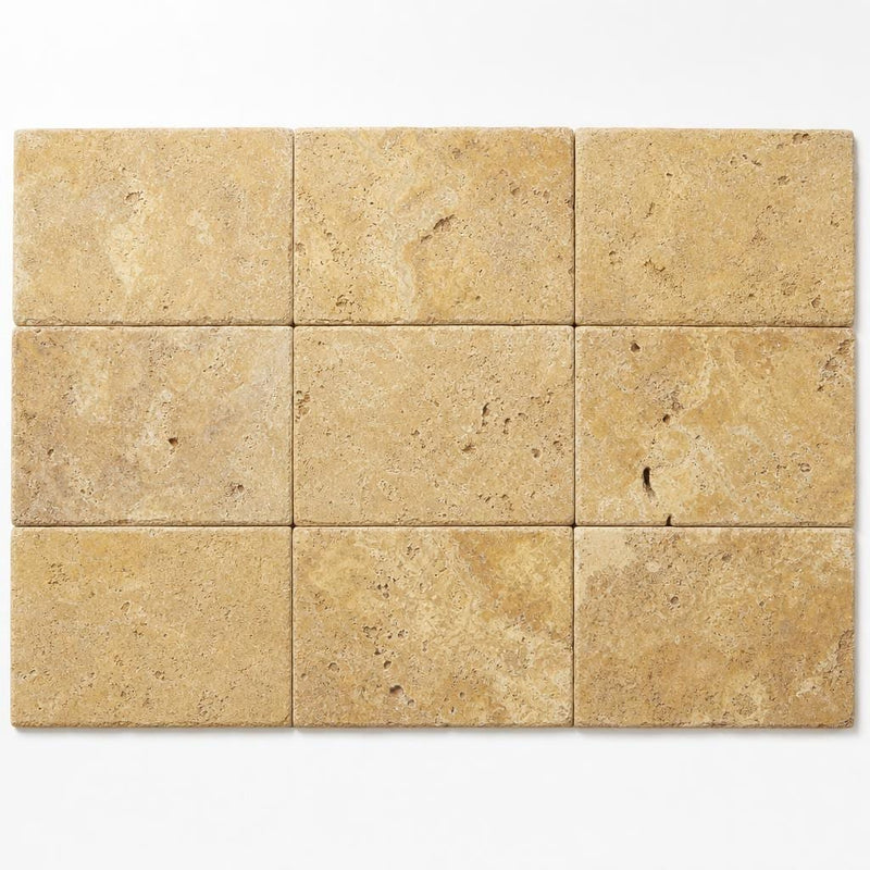 Gold Travertine Paver 6x12 Unfilled, Brushed Chiseled 1.25 inch close-up