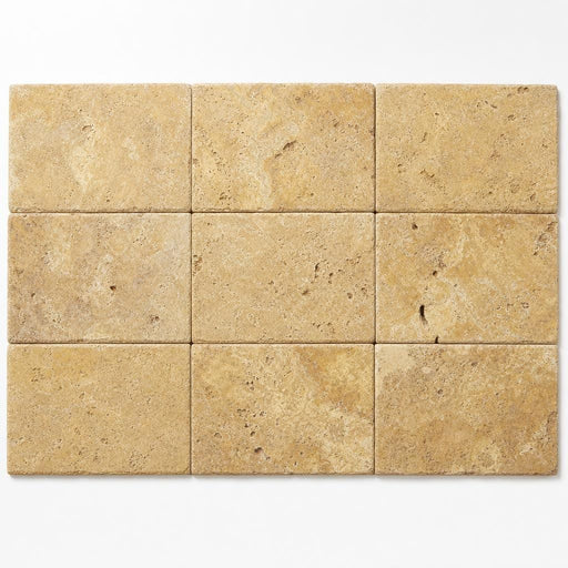 Gold Travertine Paver 6x12 Unfilled, Brushed Chiseled 1.25 inch close-up