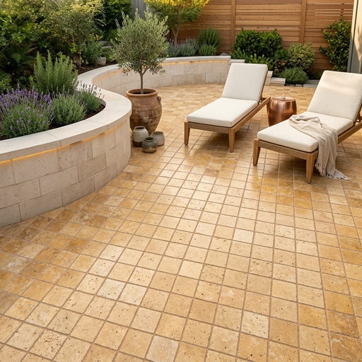 Gold Travertine Paver 6x6 Tumbled 1.25 inch — Backyard patio