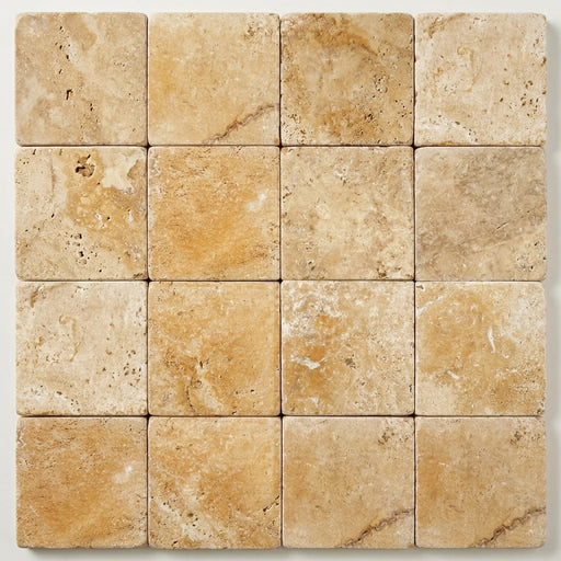 Gold Travertine Paver 6x6 Tumbled 1.25 inch close-up