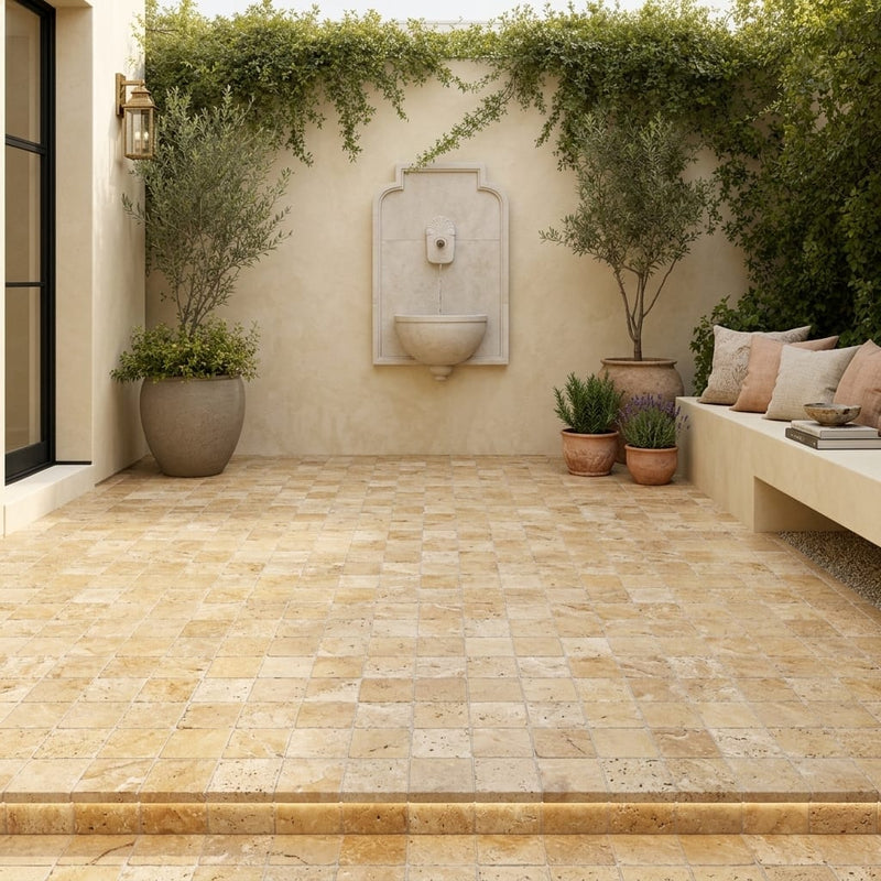 Gold Travertine Paver 6x6 Tumbled 1.25 inch — Courtyard paving