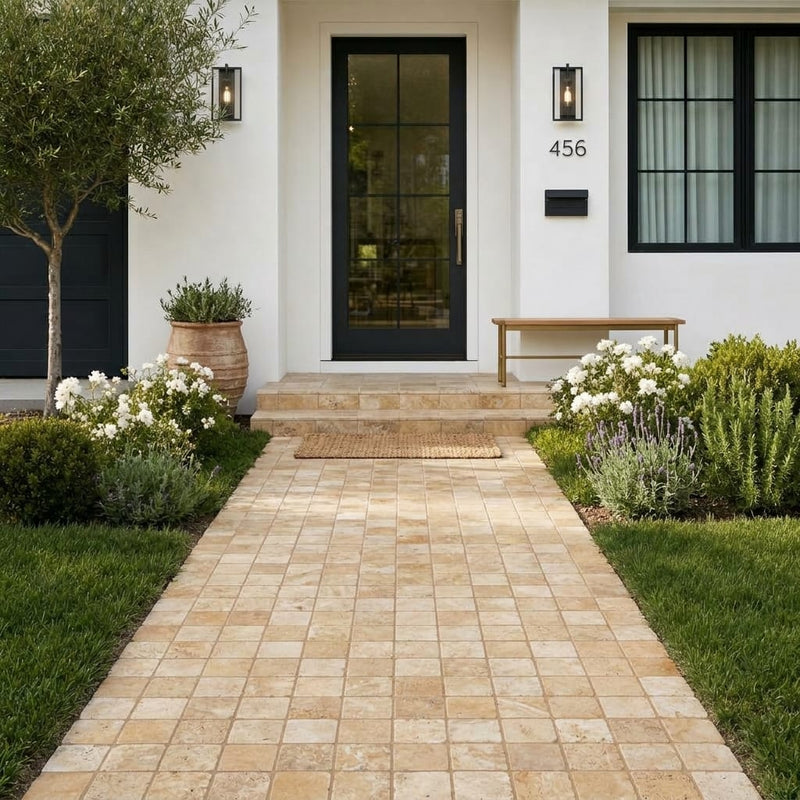 Gold Travertine Paver 6x6 Tumbled 1.25 inch — Front Yard walkway