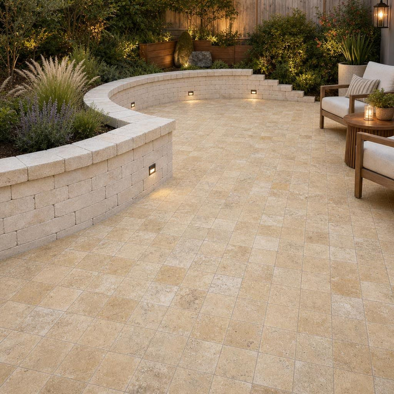 Gold Travertine Paver - Unfilled Brushed Chiseled 6x6 in 1.25 in — Backyard patio