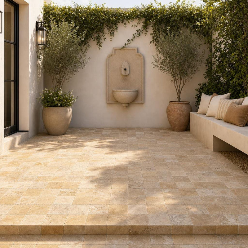 Gold Travertine Paver - Unfilled Brushed Chiseled 6x6 in 1.25 in — Courtyard paving