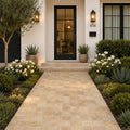 Gold Travertine Paver - Unfilled Brushed Chiseled 6x6 in 1.25 in — Front Yard walkway