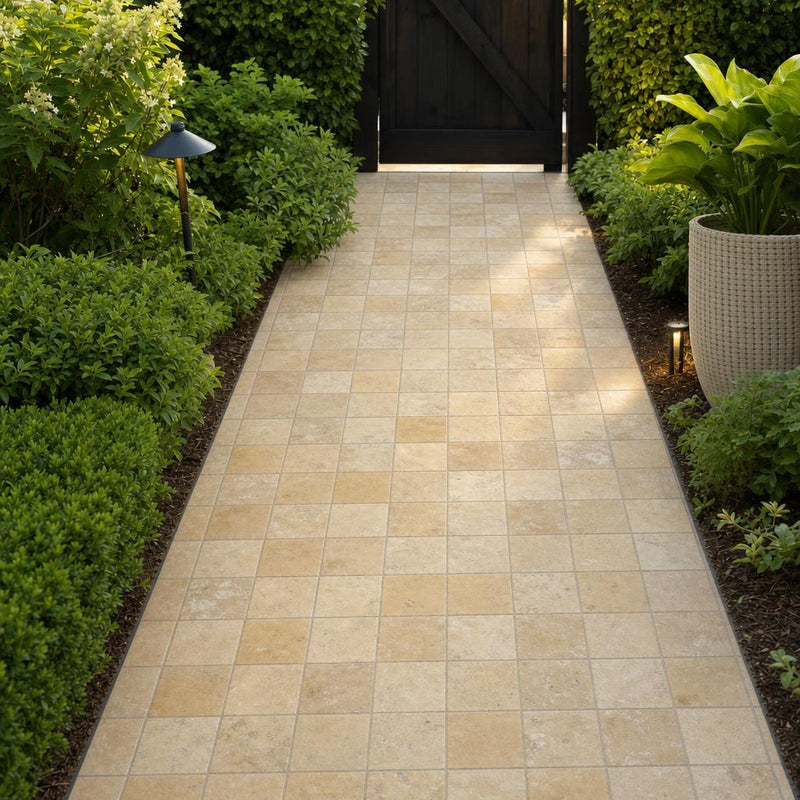 Gold Travertine Paver - Unfilled Brushed Chiseled 6x6 in 1.25 in — Garden path