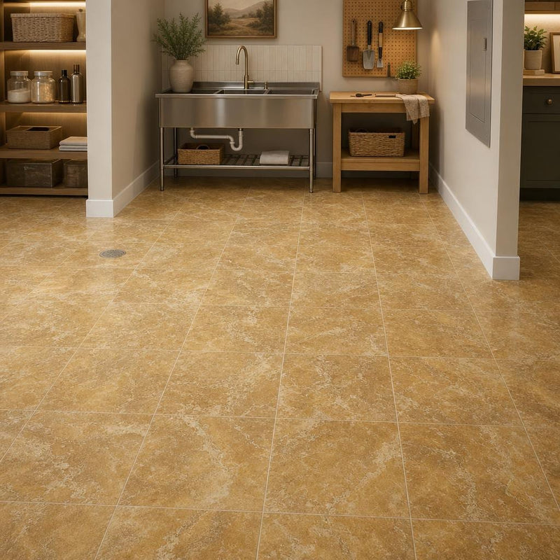 Gold Travertine Tile 12x12 Filled, Honed — Basement floor