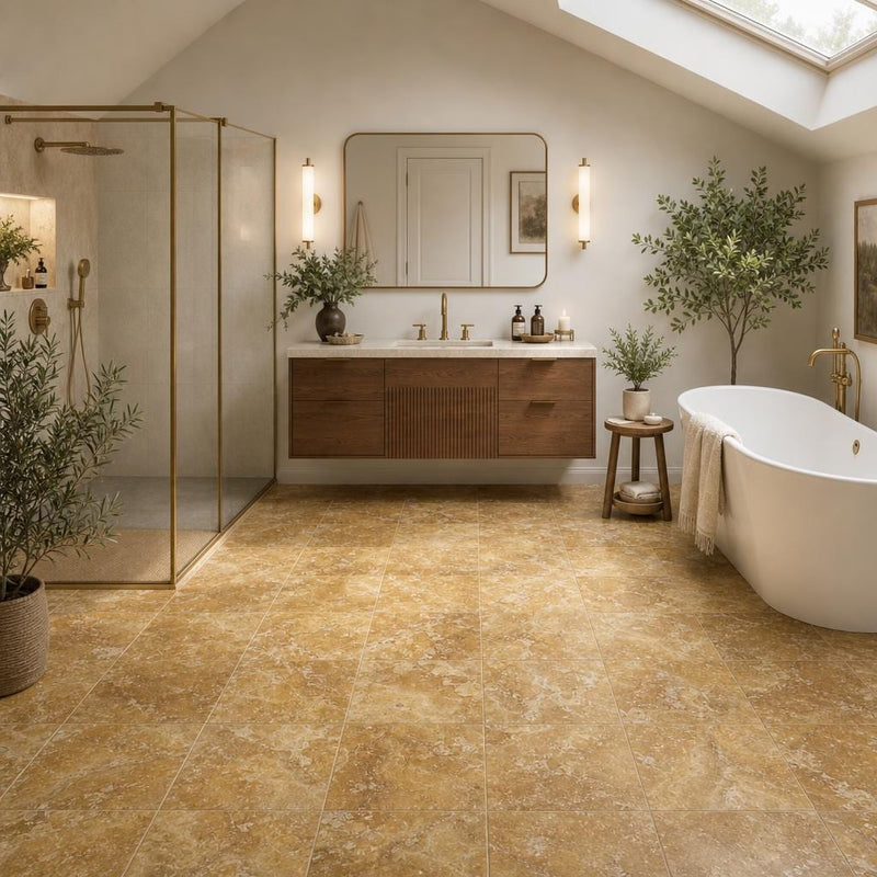 Gold Travertine Tile 12x12 Filled, Honed — Bathroom floor