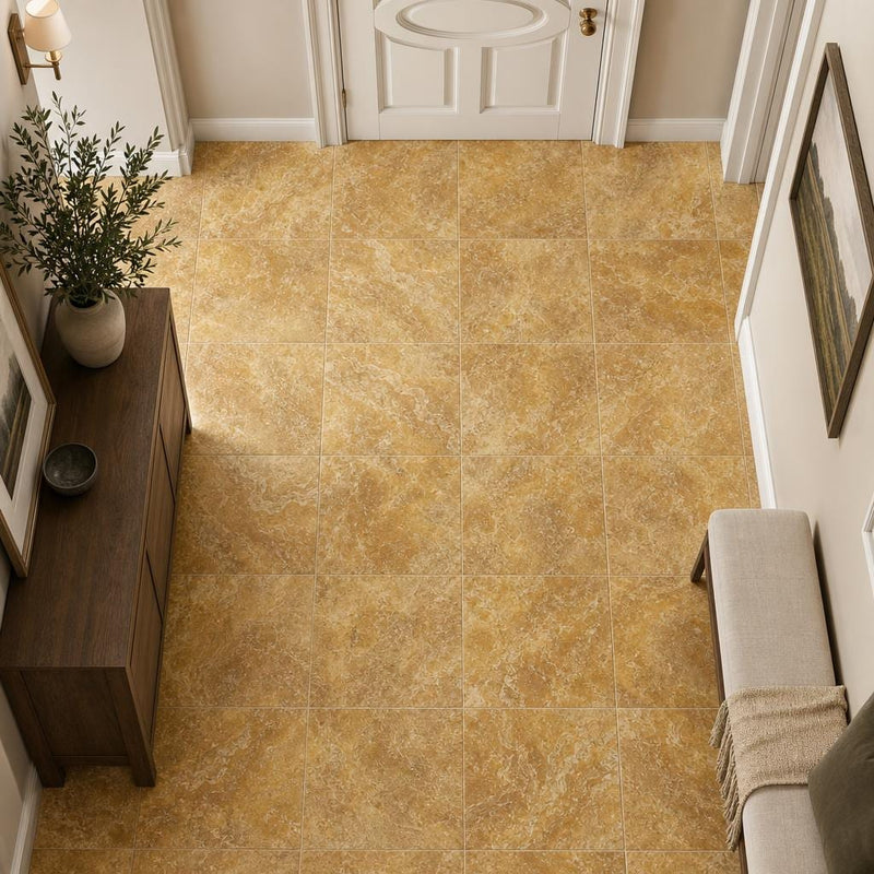 Gold Travertine Tile 12x12 Filled, Honed — Hallway floor