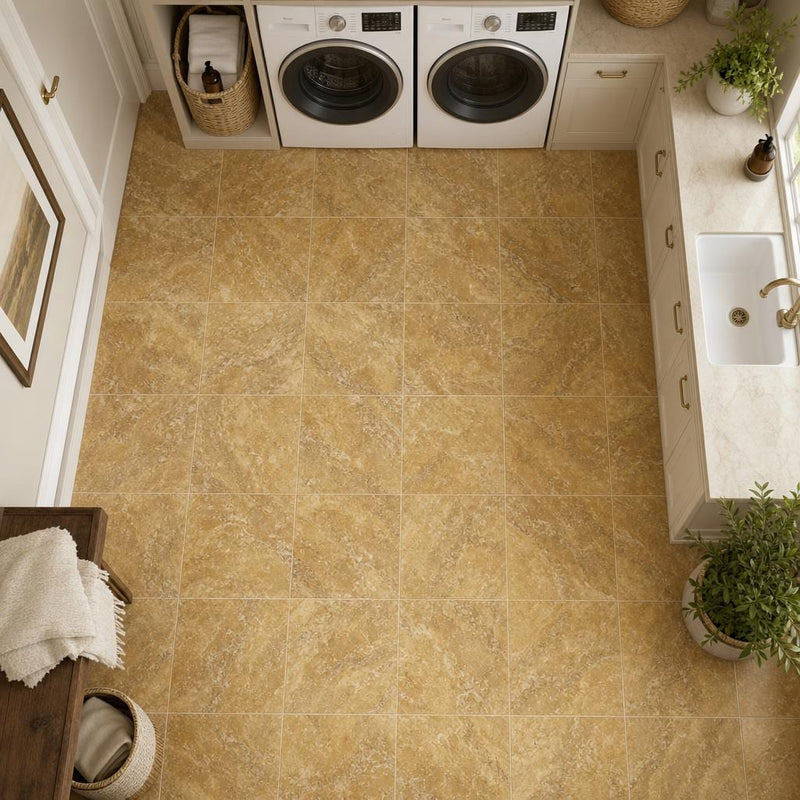 Gold Travertine Tile 12x12 Filled, Honed — Laundry Room floor