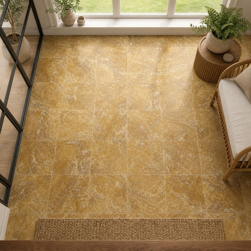 Gold Travertine Tile 12x12 Filled, Honed — Sunroom floor