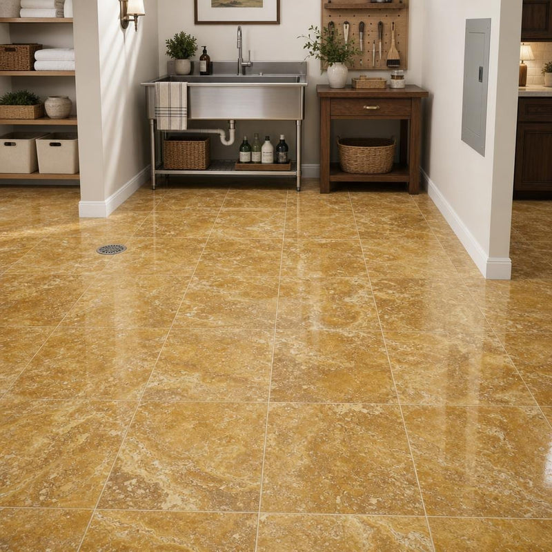 Gold Travertine Tile 12x12 Polished — Basement floor