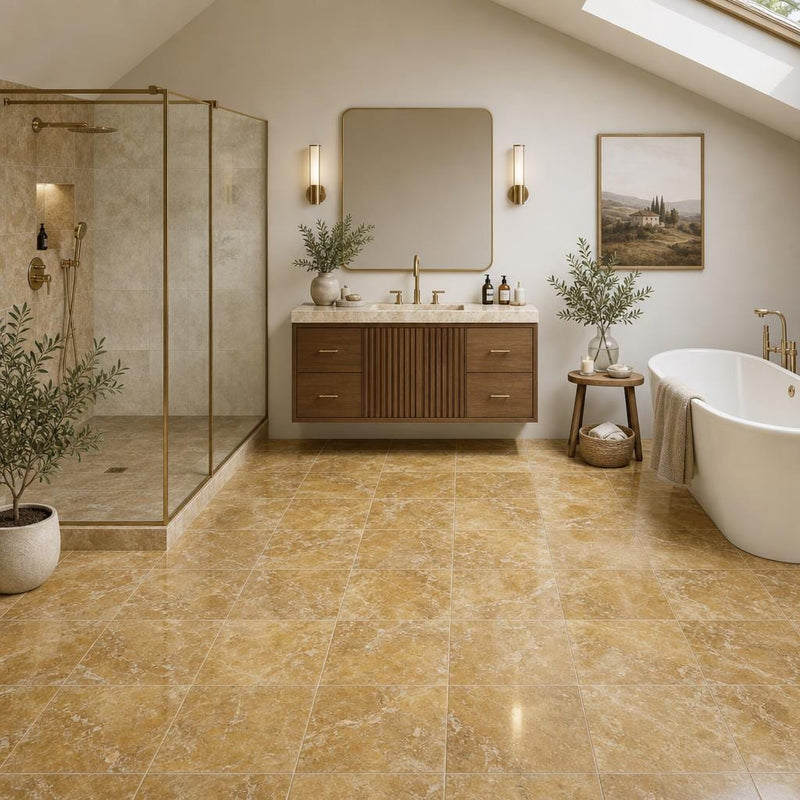 Gold Travertine Tile 12x12 Polished — Bathroom floor