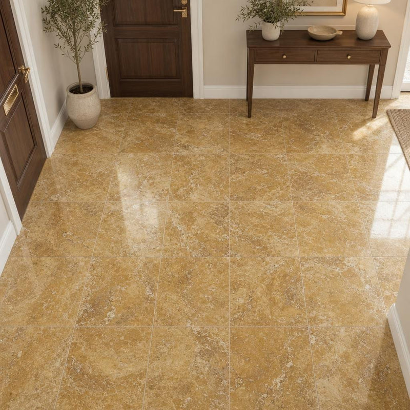 Gold Travertine Tile 12x12 Polished — Foyer floor