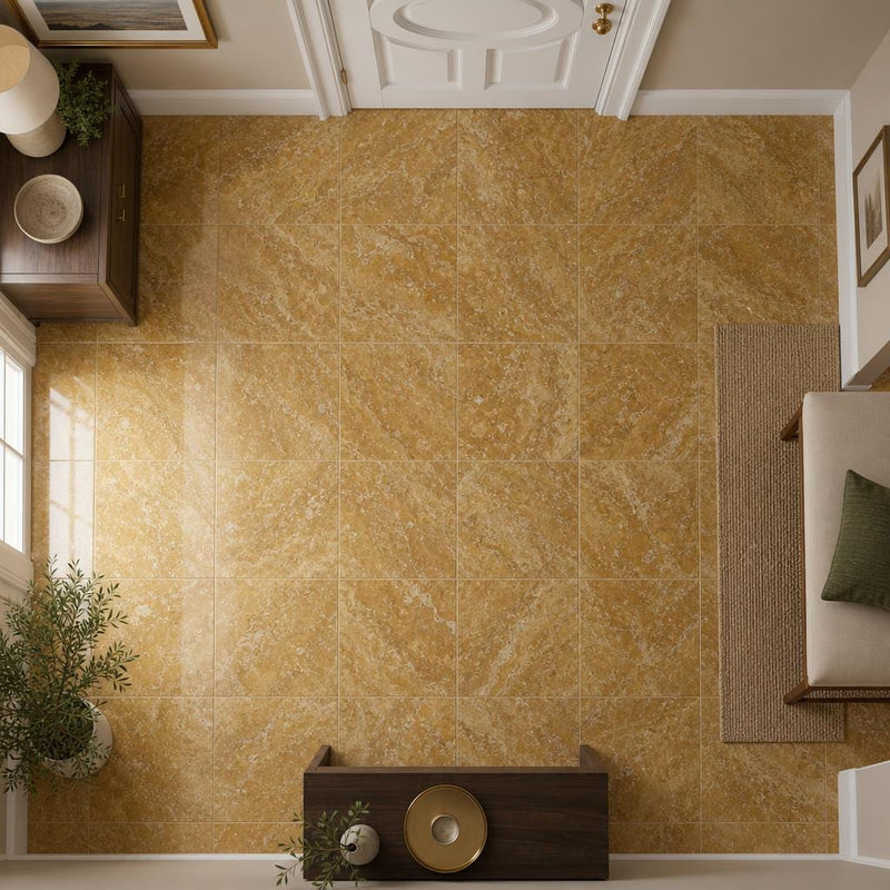 Gold Travertine Tile 12x12 Polished — Hallway floor