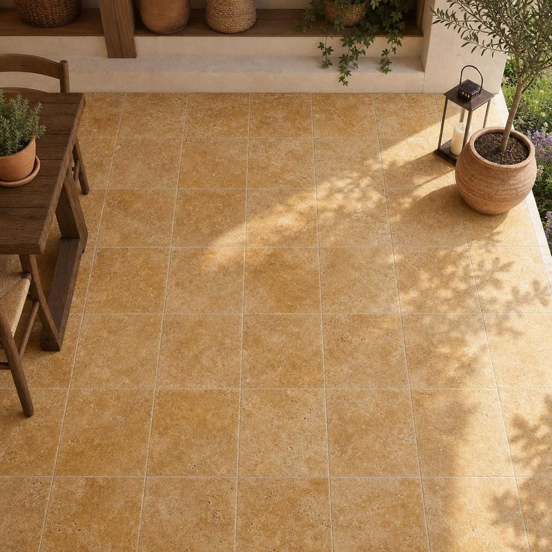 Gold Travertine Tile 16x16 Tumbled — Covered Patio floor