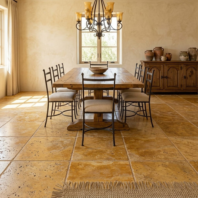 Gold Travertine Tile 16x16 Tumbled — Dining Room floor