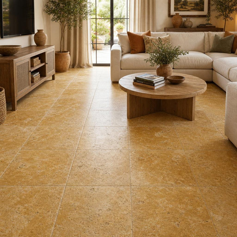 Gold Travertine Tile 16x16 Tumbled — Family Room floor