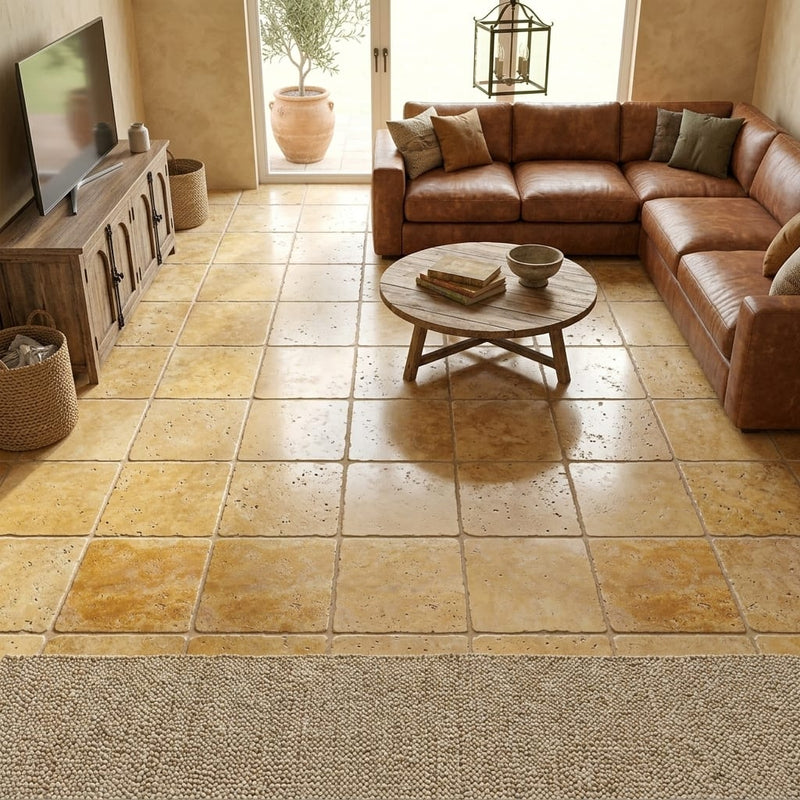 Gold Travertine Tile 16x16 Tumbled — Family Room floor