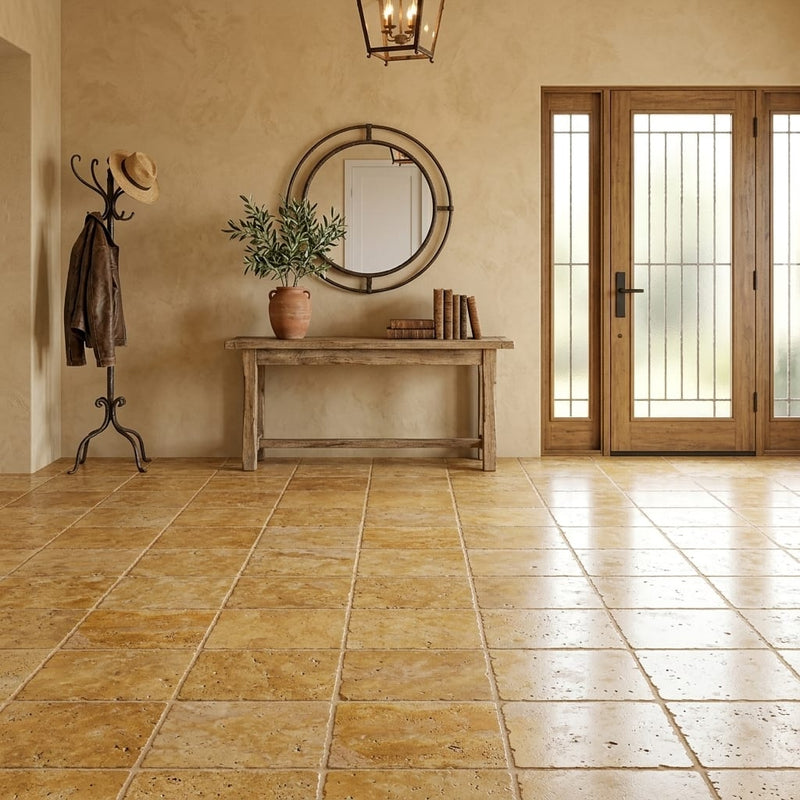 Gold Travertine Tile 16x16 Tumbled — Foyer floor
