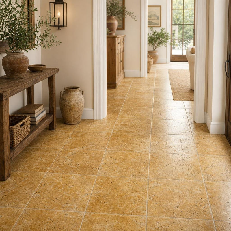 Gold Travertine Tile 16x16 Tumbled — Hallway floor