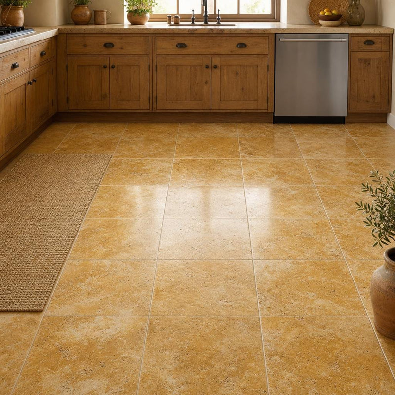 Gold Travertine Tile 16x16 Tumbled — Kitchen floor