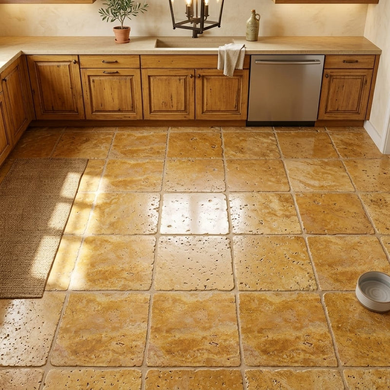 Gold Travertine Tile 16x16 Tumbled — Kitchen floor