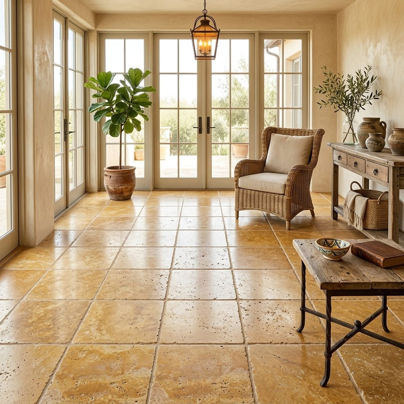 Gold Travertine Tile 16x16 Tumbled — Sunroom floor