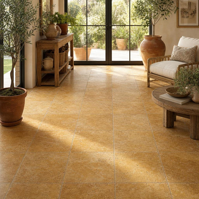 Gold Travertine Tile 16x16 Tumbled — Sunroom floor