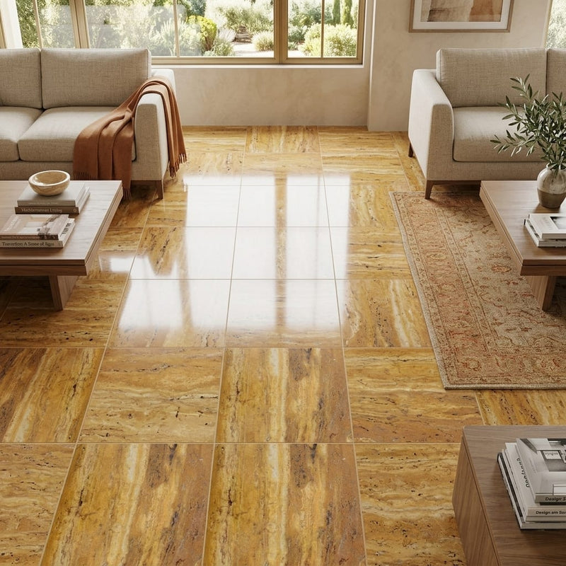 Gold Travertine Tile 18x18 Polished — Family Room floor
