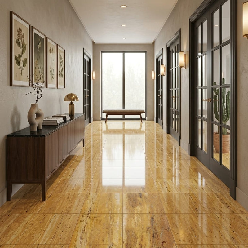 Gold Travertine Tile 18x18 Polished — Hallway floor