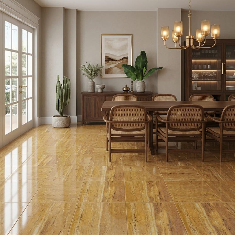 Gold Travertine Tile 18x18 Polished — Living Room floor