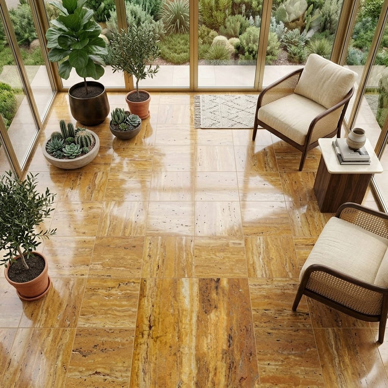 Gold Travertine Tile 18x18 Polished — Sunroom floor