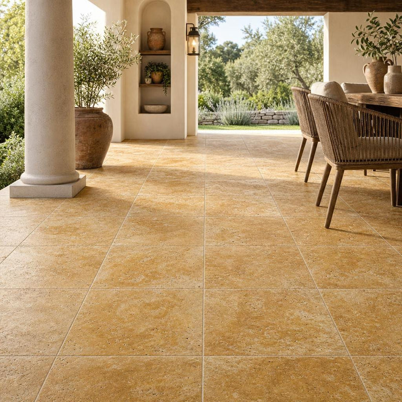 Gold Travertine Tile 18x18 Tumbled — Covered Patio floor