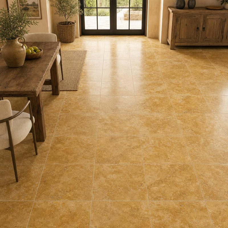 Gold Travertine Tile 18x18 Tumbled — Dining Room floor