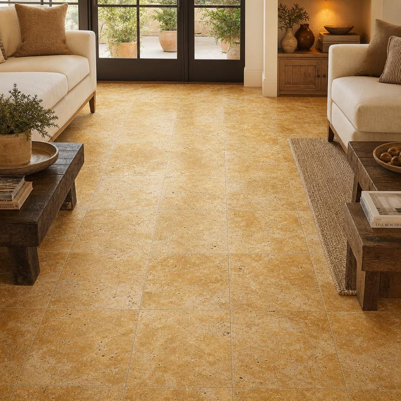 Gold Travertine Tile 18x18 Tumbled — Family Room floor