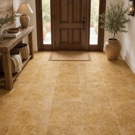 Gold Travertine Tile 18x18 Tumbled — Foyer floor