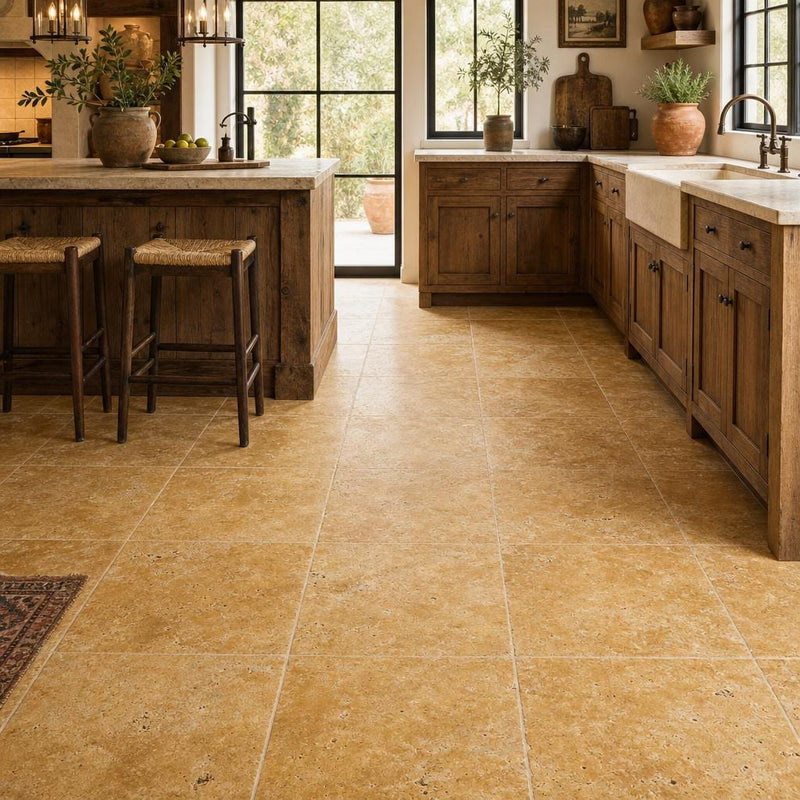 Gold Travertine Tile 18x18 Tumbled — Kitchen floor