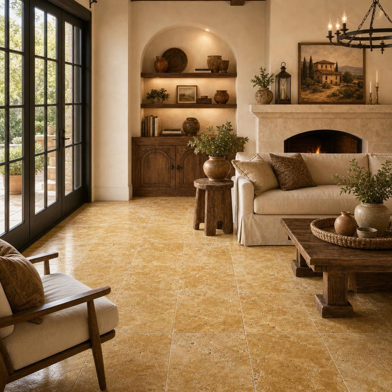 Gold Travertine Tile 18x18 Tumbled — Living Room floor