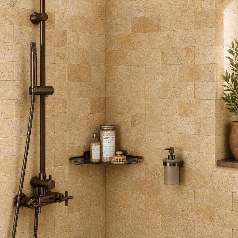 Gold Travertine Tile 3x6 Tumbled — Bathroom shower wall