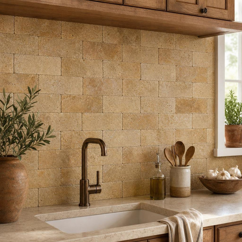 Gold Travertine Tile 3x6 Tumbled — Kitchen backsplash