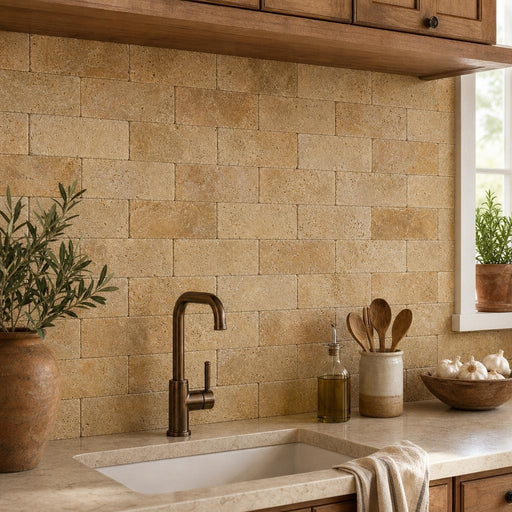 Gold Travertine Tile 3x6 Tumbled — Kitchen backsplash
