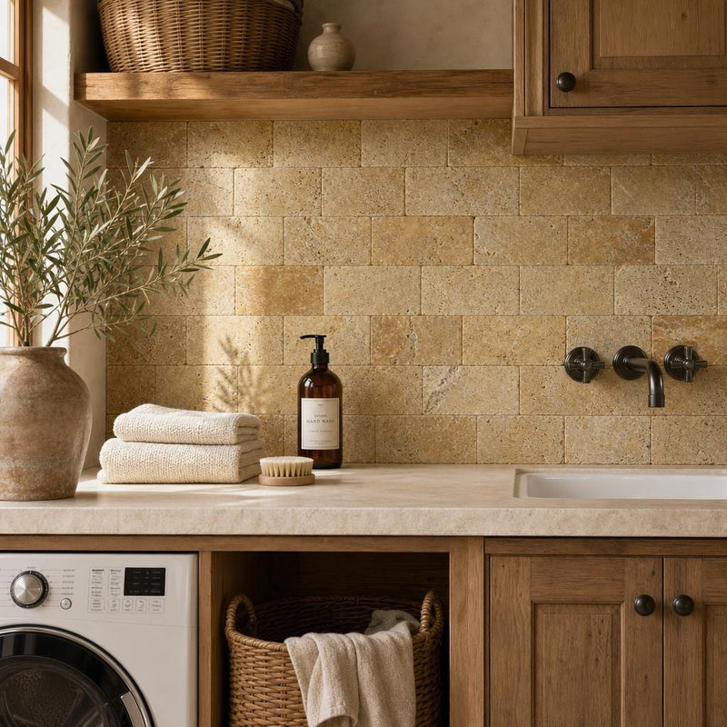 Gold Travertine Tile 3x6 Tumbled — Laundry Room backsplash