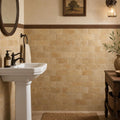 Gold Travertine Tile 3x6 Tumbled — Powder Room wainscot