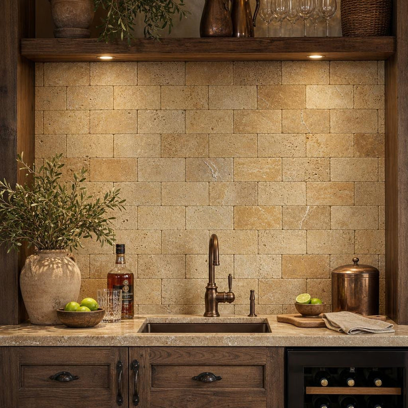 Gold Travertine Tile 3x6 Tumbled — Wet Bar backsplash