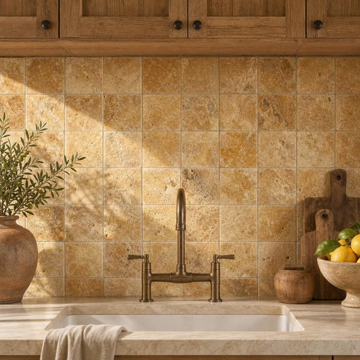 Gold Travertine Tile 4x4 Tumbled — Kitchen backsplash