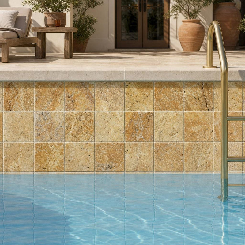 Gold Travertine Tile 4x4 Tumbled — Swimming Pool waterline