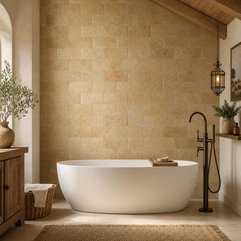 Gold Travertine Tile 4x8 Tumbled — Bathroom wall